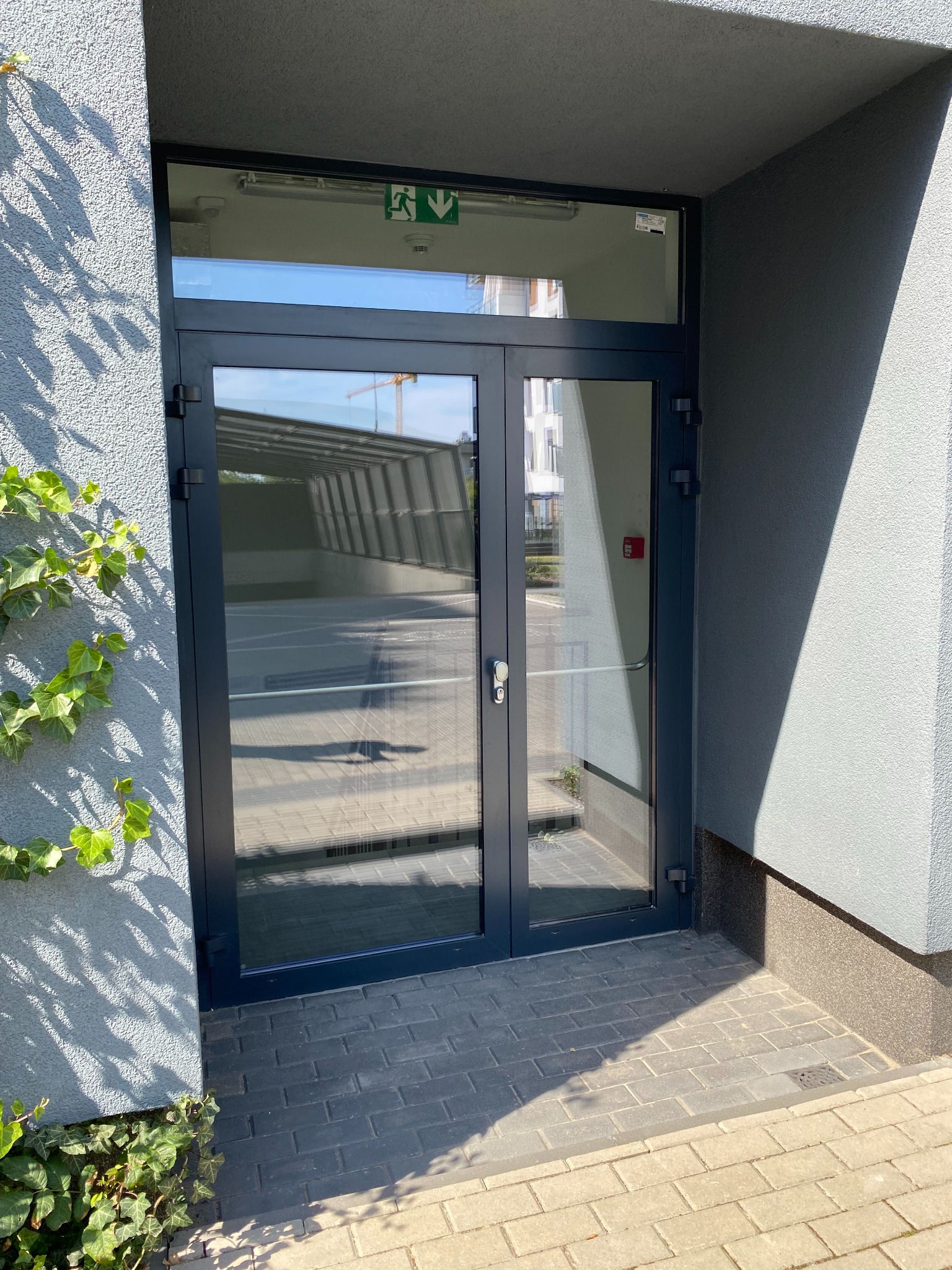 Szklane drzwi dwuskrzydłowe w ciemnej ramie, z widocznym znakiem ewakuacyjnym i odblaskami światła, prowadzące do garażu podziemnego. Obok ściana z bluszczem.