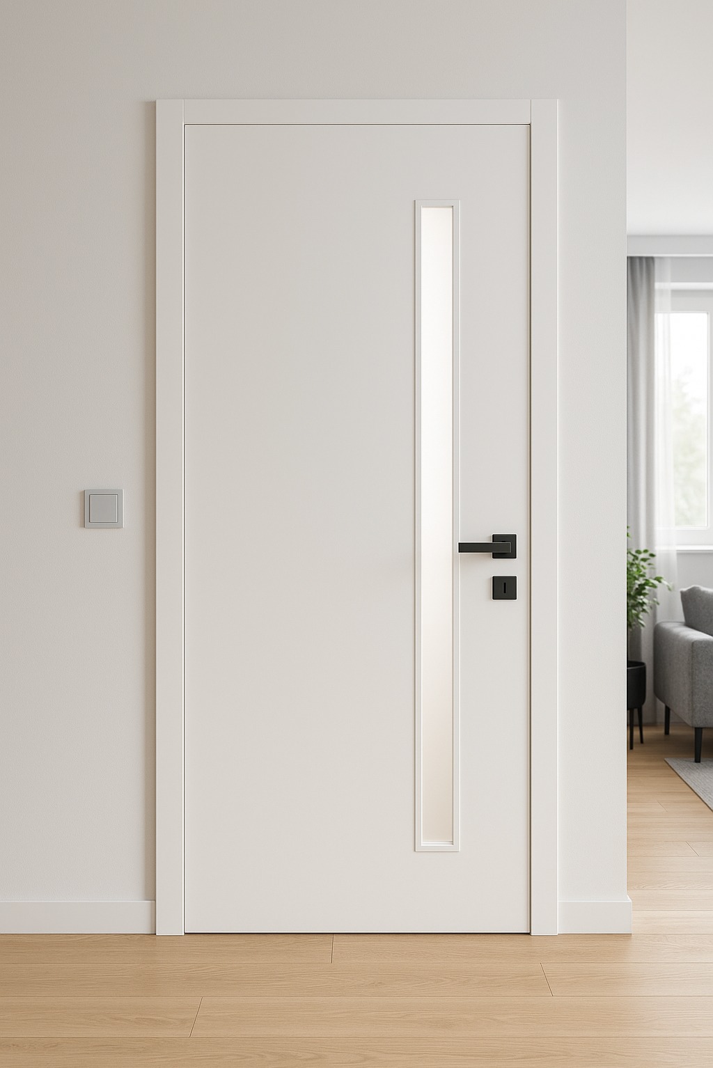 Białe drzwi wewnętrzne z podłużnym przeszkleniem i czarną klamką na tle jasnego wnętrza z drewnianą podłogą. Minimalistyczny design.