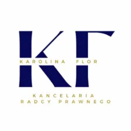 Eleganckie logo Kancelarii Radcy Prawnego 'Karolina Flor' w kolorach granatowym i złotym na białym tle. Minimalistyczny design z inicjałami 'KF'.