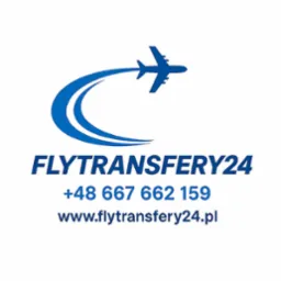 Logo Flytransfery24: stylizowany samolot z numerem telefonu i adresem strony internetowej w kolorze niebieskim na białym tle.