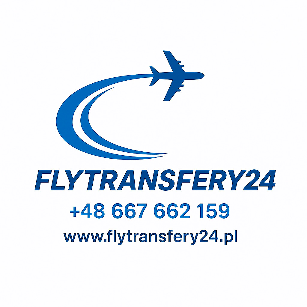 Logo Flytransfery24: stylizowany samolot z numerem telefonu i adresem strony internetowej w kolorze niebieskim na białym tle.