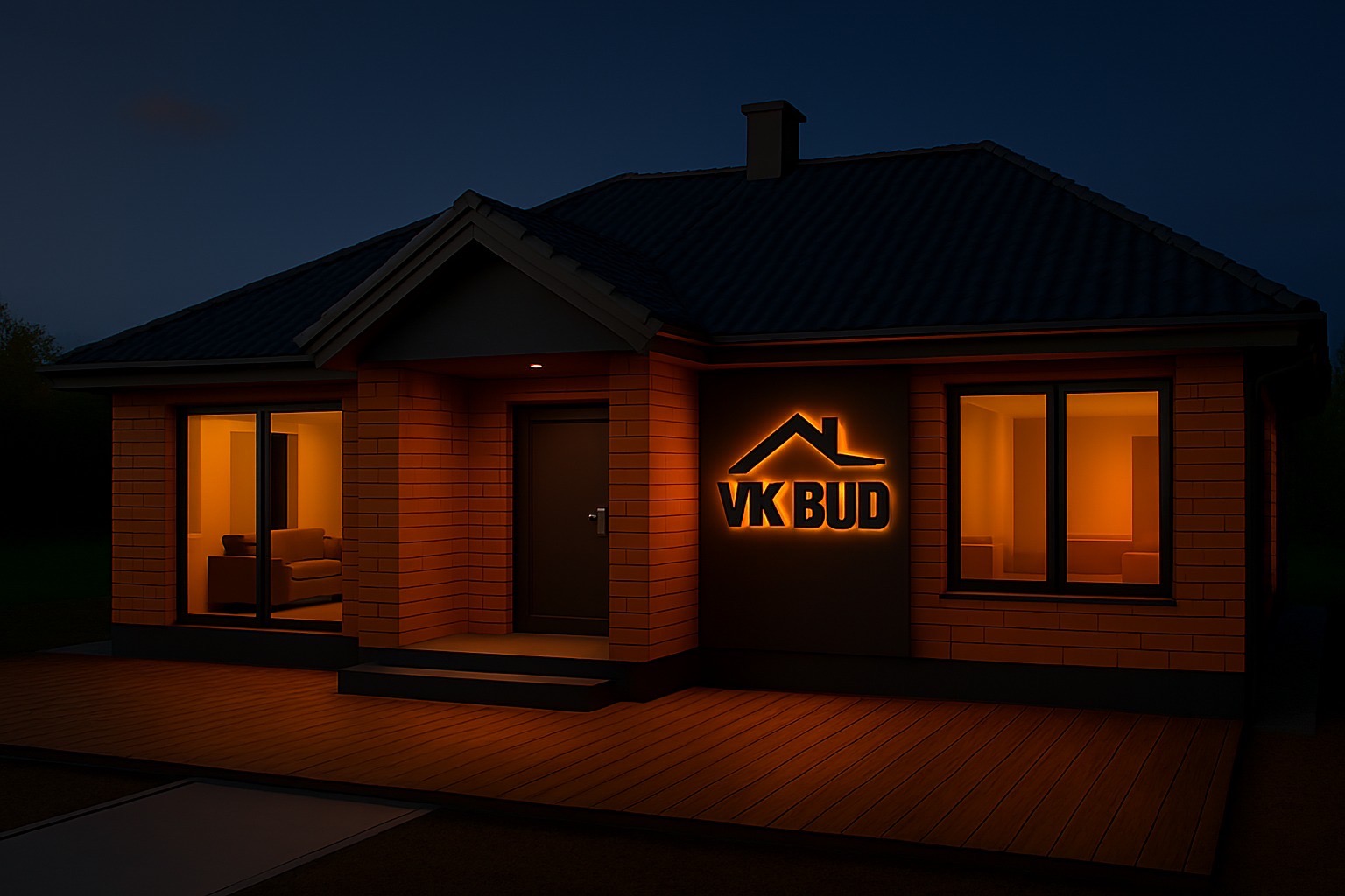 Iluminowany dom z cegły z logo 'VK BUD' na elewacji, oświetlony ciepłym światłem, widoczny nocą, z elementami drewnianego tarasu.