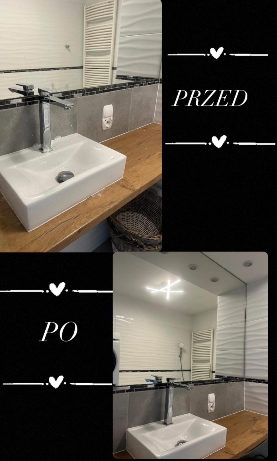 Łazienka po remoncie: umywalka nablatowa, drewniany blat, szare płytki, białe płytki 3D. Zdjęcie 'przed i po' z nowym oświetleniem sufitowym.