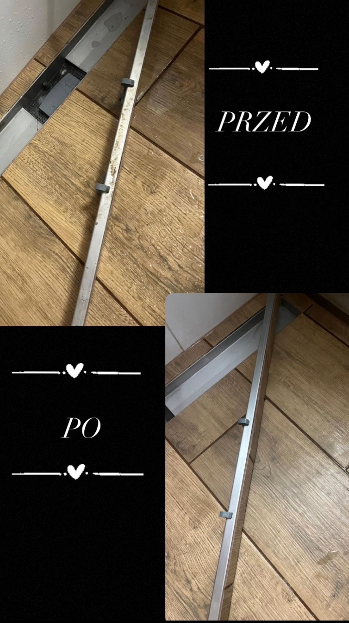 Zdjęcie 'przed i po' czyszczenia odpływu liniowego w łazience. Widoczne drewnopodobne płytki i metalowy odpływ z osadami, a następnie czysty, błyszczący odpływ.