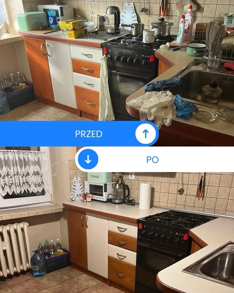 Kuchenne wnętrze 'przed i po' sprzątaniu: widoczny kontrast między zagraconym blatem a uporządkowaną przestrzenią, z detalami jak czysty zlew i błyszcząca kuchenka.