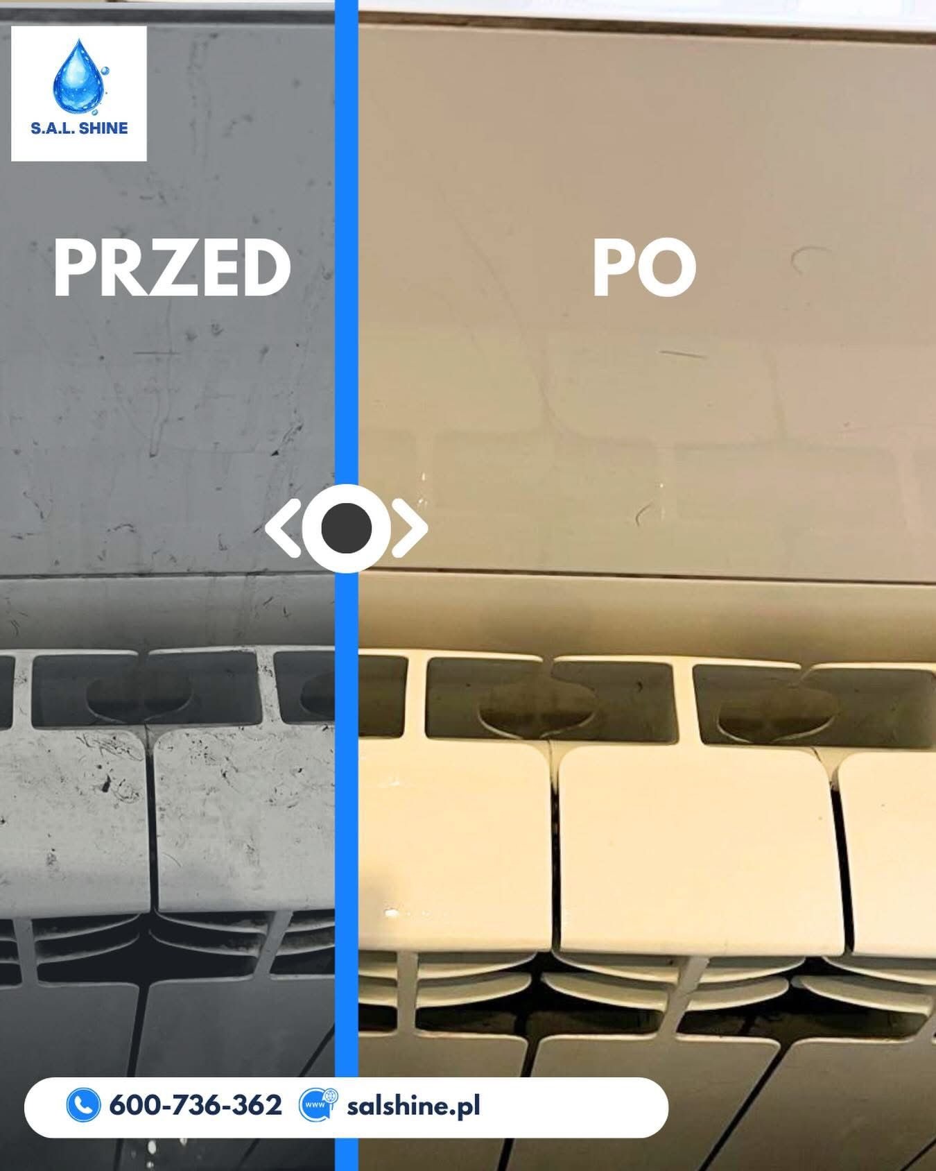 Klimatyzator typu split w ujęciu 'przed i po' czyszczeniu. Lewa strona szara, zabrudzona, prawa strona czysta, biała. Widoczne detale konstrukcyjne.