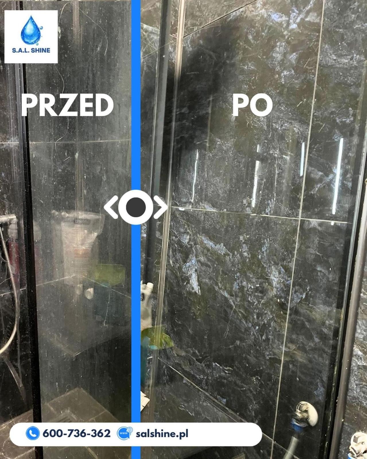 Kabina prysznicowa przed i po czyszczeniu, widoczne osady i kamień usunięte, efekt 'przed i po' z podziałem pionowym, kontakt do firmy na dole.