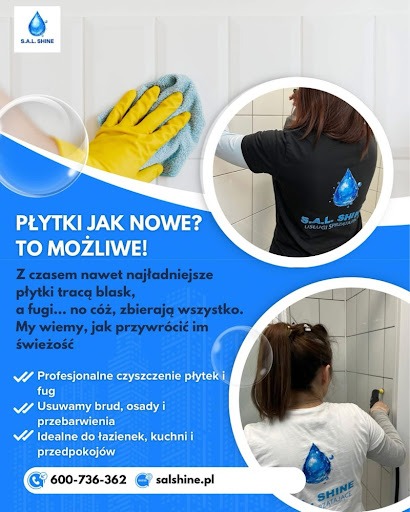 Reklama usług czyszczenia płytek: żółta rękawica czyści białe płytki, kobieta w koszulce firmowej czyści fugi parownicą. Hasło: Płytki jak nowe? To możliwe!