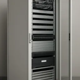 Otwarta szafa serwerowa MDC-23 z widocznymi kablami, panelami krosowniczymi i przełącznikami, umieszczona w neutralnym pomieszczeniu, oświetlona równomiernie.