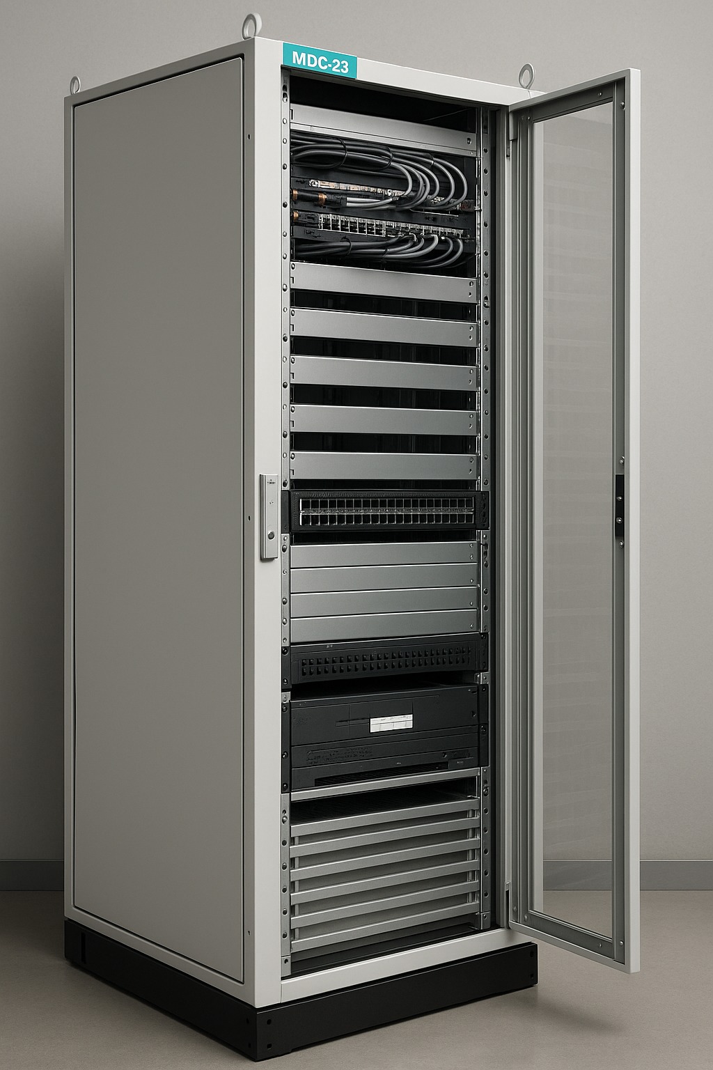 Otwarta szafa serwerowa MDC-23 z widocznymi kablami, panelami krosowniczymi i przełącznikami, umieszczona w neutralnym pomieszczeniu, oświetlona równomiernie.