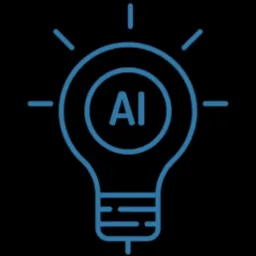 Niebieska ikona żarówki z napisem 'AI' w środku, na czarnym tle, symbolizująca sztuczną inteligencję i innowacje w IT.