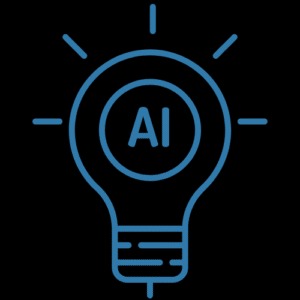 Niebieska ikona żarówki z napisem 'AI' w środku, na czarnym tle, symbolizująca sztuczną inteligencję i innowacje w IT.