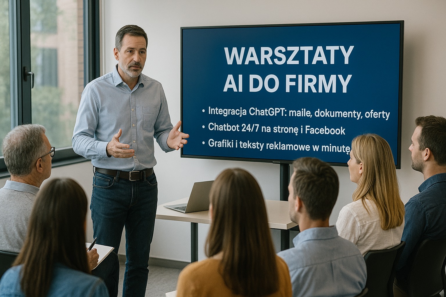 Prezentacja o AI dla firm: mężczyzna gestykuluje przed ekranem z napisem 'Warsztaty AI do firmy'. Uczestnicy słuchają. Laptop na stole. Jasne wnętrze.