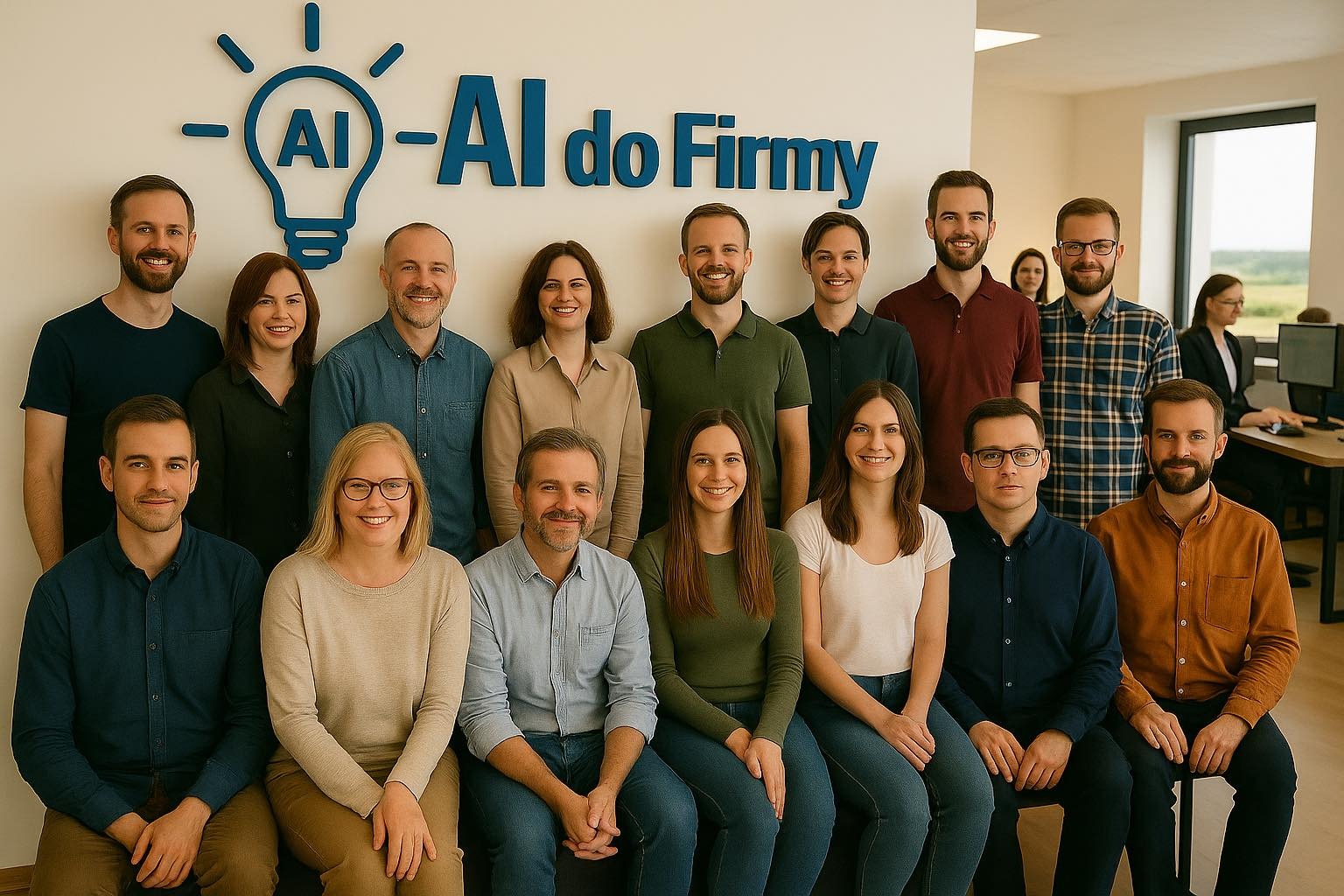 Grupowe zdjęcie zespołu 'AI do Firmy' na tle logo firmy w formie żarówki. Zespół uśmiechnięty, w nieformalnych strojach, w jasnym biurze.