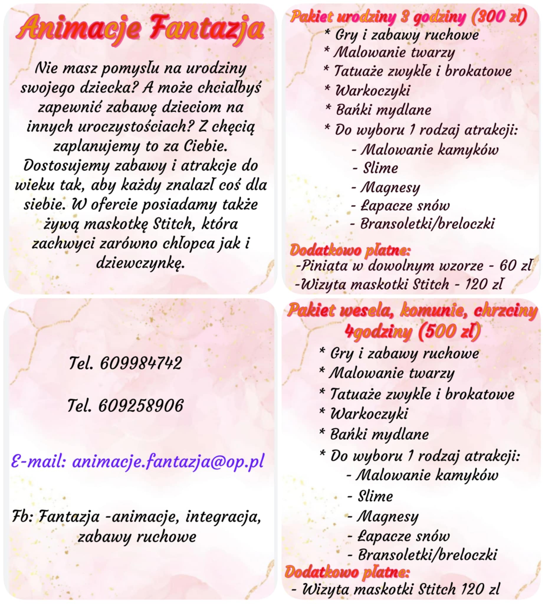 Oferta agencji eventowej: animacje dla dzieci na urodziny, wesela i inne uroczystości. Pakiety z grami, malowaniem twarzy, tatuażami i wizytą maskotki Stitch.