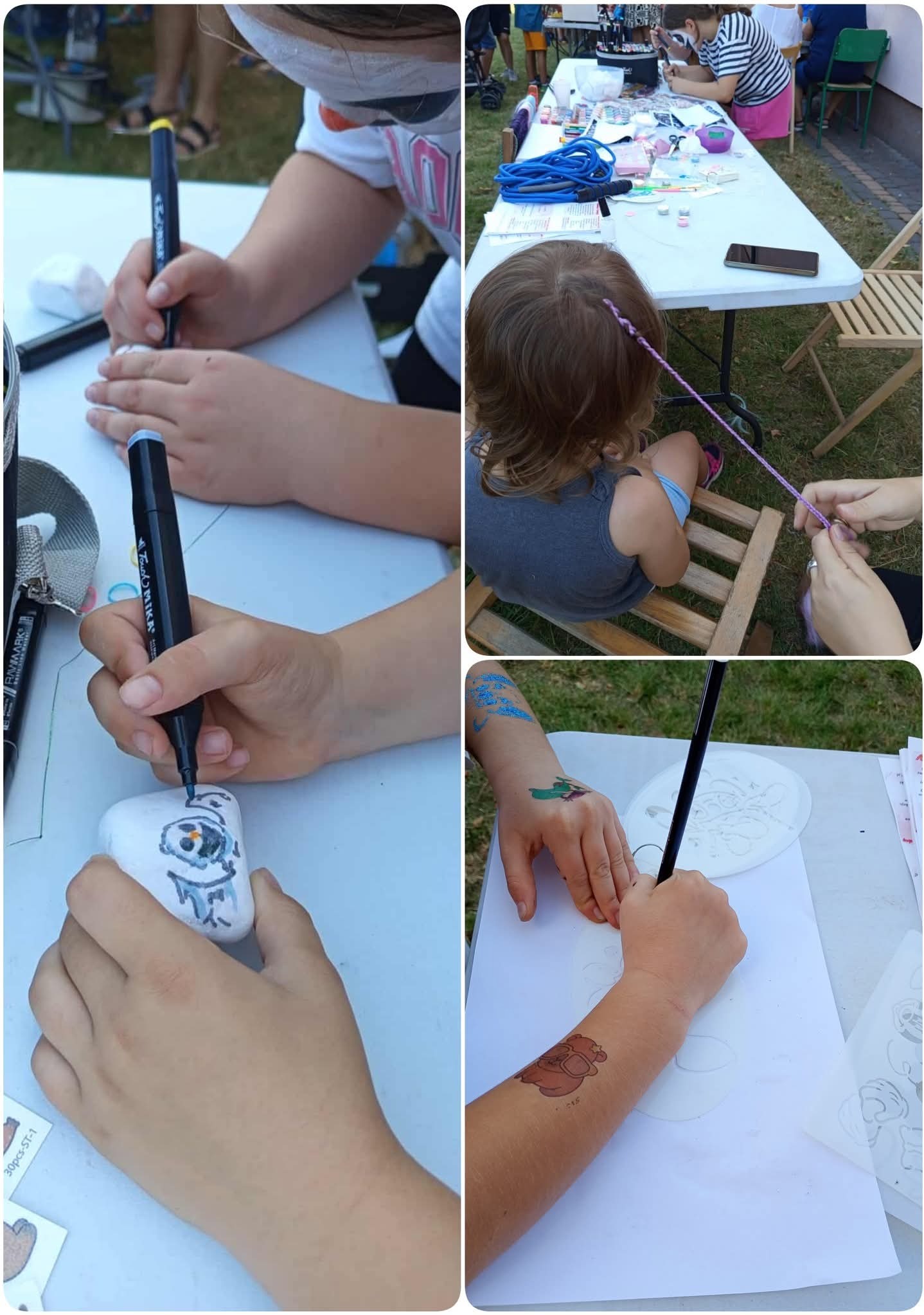 Atrakcje dla dzieci: malowanie kamieni, zaplatanie warkoczyków i tatuaże na rękach podczas imprezy plenerowej. Kreatywne warsztaty.