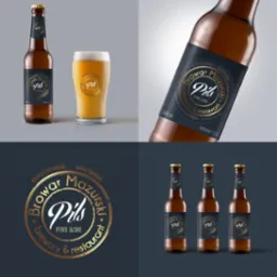 Projekt etykiety piwa 'Browar Mazurski Pils' z logo. Kompozycja z butelką, szklanką piwa i zbliżeniem detali etykiety w odcieniach złota i granatu. Elegancki branding.