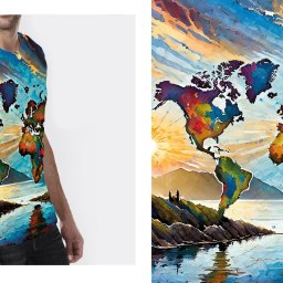 Przemysław Cyruliński - Mężczyzna w koszulce z artystyczną mapą świata na tle zbliżonego wzoru, w żywych, akwarelowych kolorach i z efektem refleksów świetlnych. Unikatowy design.