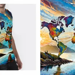 Mężczyzna w koszulce z artystyczną mapą świata na tle zbliżonego wzoru, w żywych, akwarelowych kolorach i z efektem refleksów świetlnych. Unikatowy design.