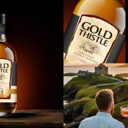 Przemysław Cyruliński - Kompozycja graficzna prezentująca whisky Gold Thistle: butelka na drewnianym blacie, zbliżenie etykiety i para z drinkami na tle szkockiego krajobrazu.