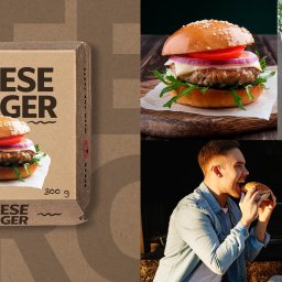 Przemysław Cyruliński - Kompozycja z cheeseburgerem: opakowanie, burger na desce, pudełko i para jedząca burgery. Brązowe tło z elementami graficznymi, ciepłe światło.