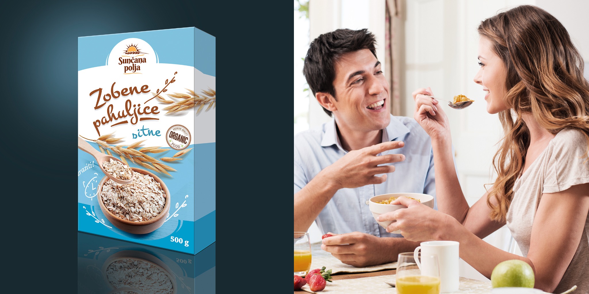 Opakowanie płatków owsianych 'Zobene pahuljice' obok pary jedzącej śniadanie. Produkt organiczny na tle rodzinnej sceny porannej.