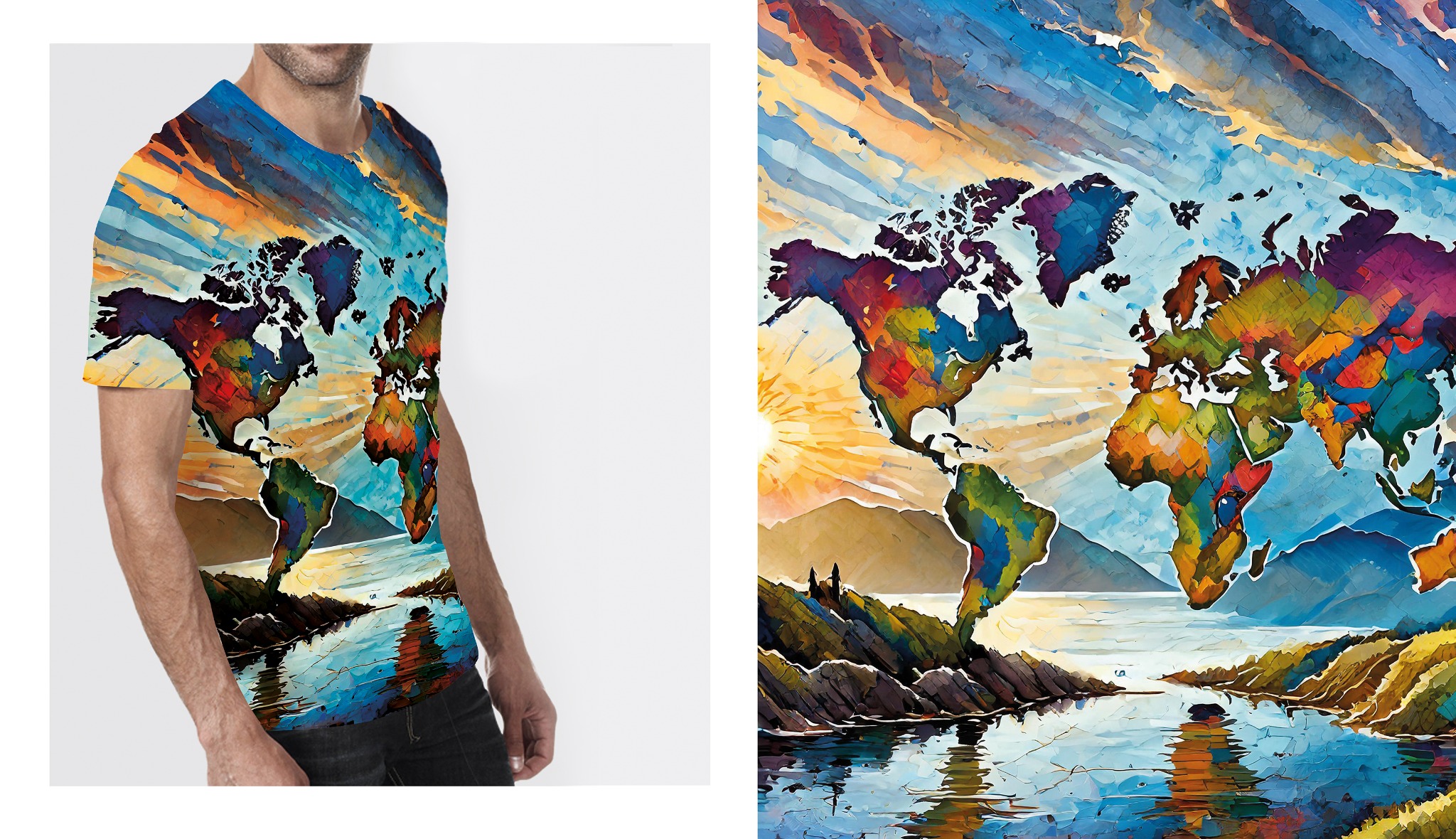 Mężczyzna w koszulce z artystyczną mapą świata na tle zbliżonego wzoru, w żywych, akwarelowych kolorach i z efektem refleksów świetlnych. Unikatowy design.
