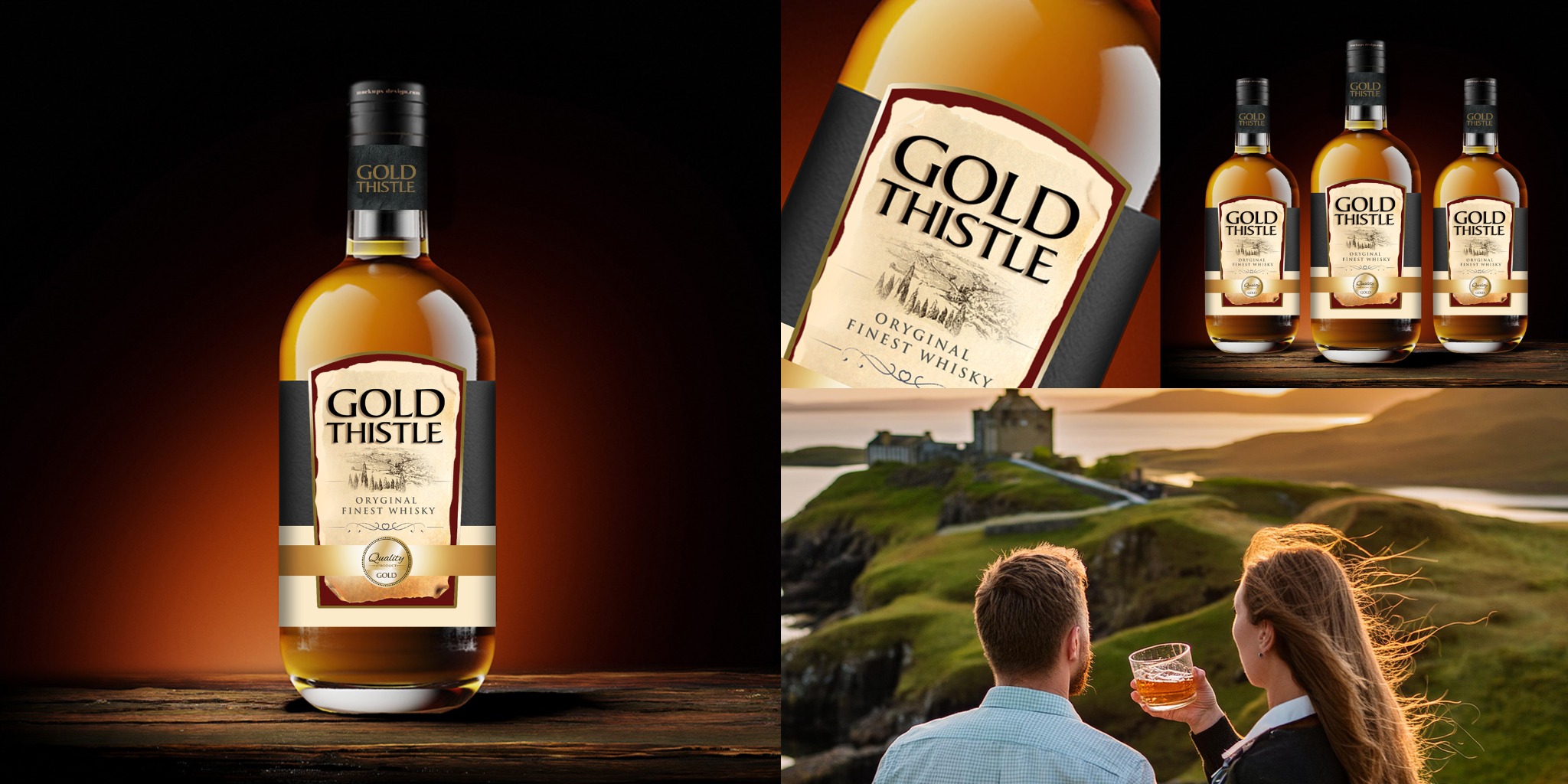 Kompozycja graficzna prezentująca whisky Gold Thistle: butelka na drewnianym blacie, zbliżenie etykiety i para z drinkami na tle szkockiego krajobrazu.