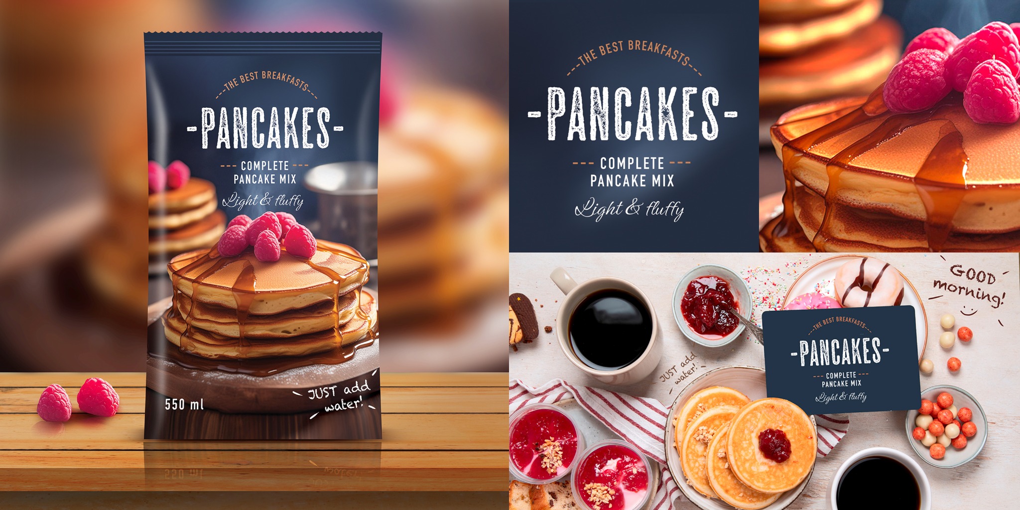 Projekt opakowania na mieszankę do naleśników z ilustracją stosu naleśników z malinami i syropem, na drewnianym stole. Grafika w stylu flat design.