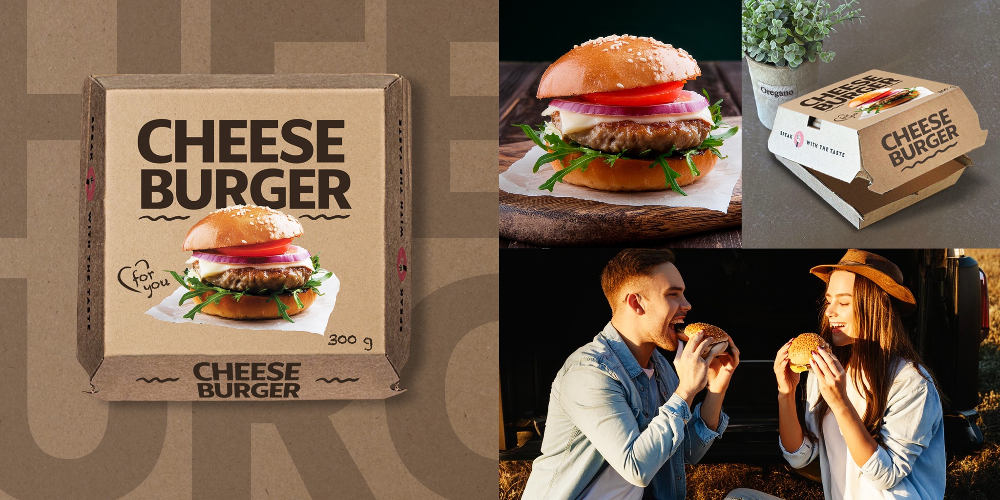 Kompozycja z cheeseburgerem: opakowanie, burger na desce, pudełko i para jedząca burgery. Brązowe tło z elementami graficznymi, ciepłe światło.