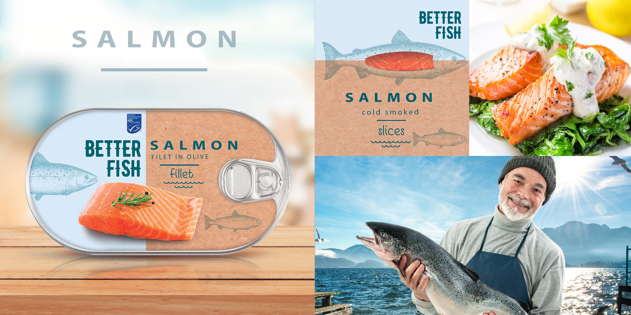 Kompozycja graficzna z różnymi ujęciami łososia: w puszce, w plastrach, jako danie i w rękach rybaka na tle górskiego jeziora. Reklama produktu 'Better Fish'.