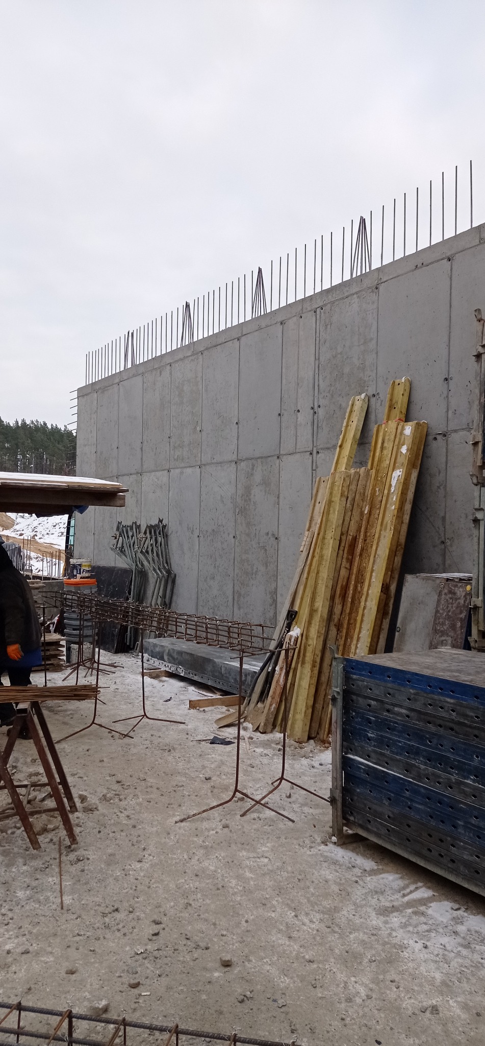 Szary betonowy mur z wystającymi prętami zbrojeniowymi, drewniane stemple i metalowe szalunki na placu budowy, las w tle, pochmurny dzień.