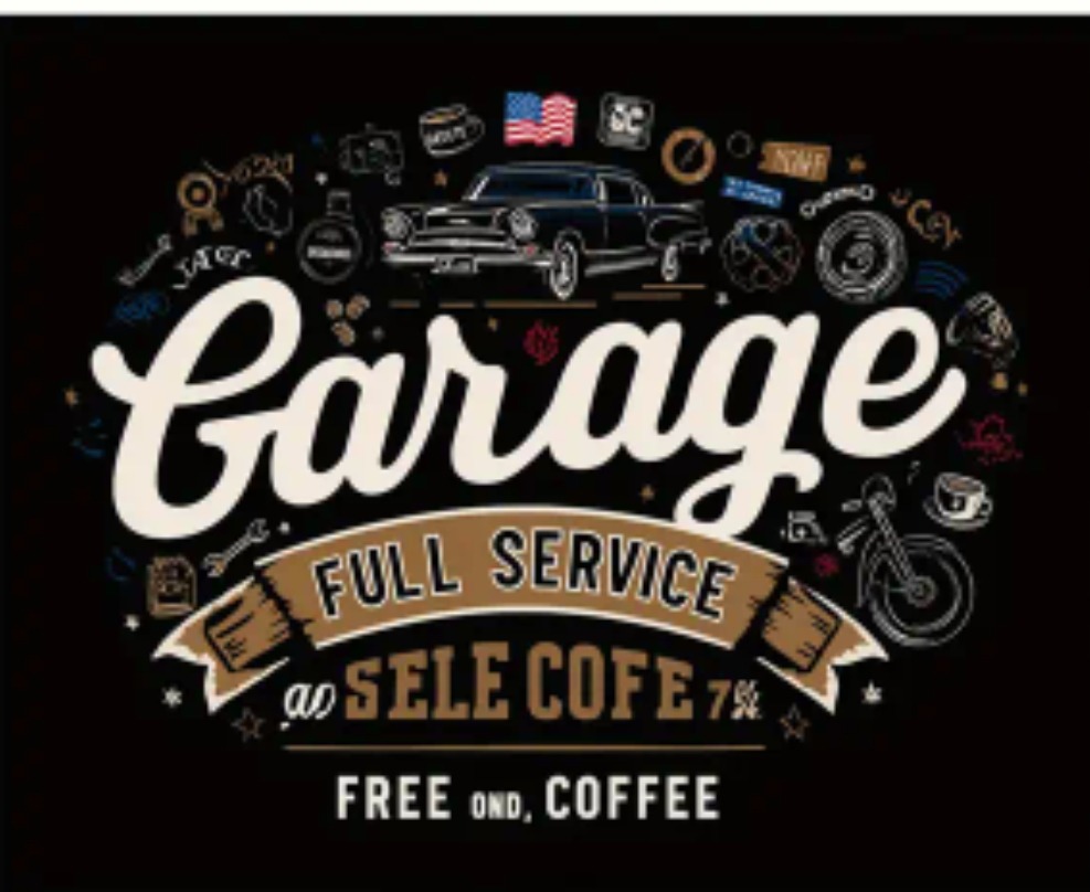 Ilustracja w stylu vintage z napisem 'Garage Full Service' otoczonym rysunkami samochodu, motoru i narzędzi na czarnym tle. Grafika w stylu retro.