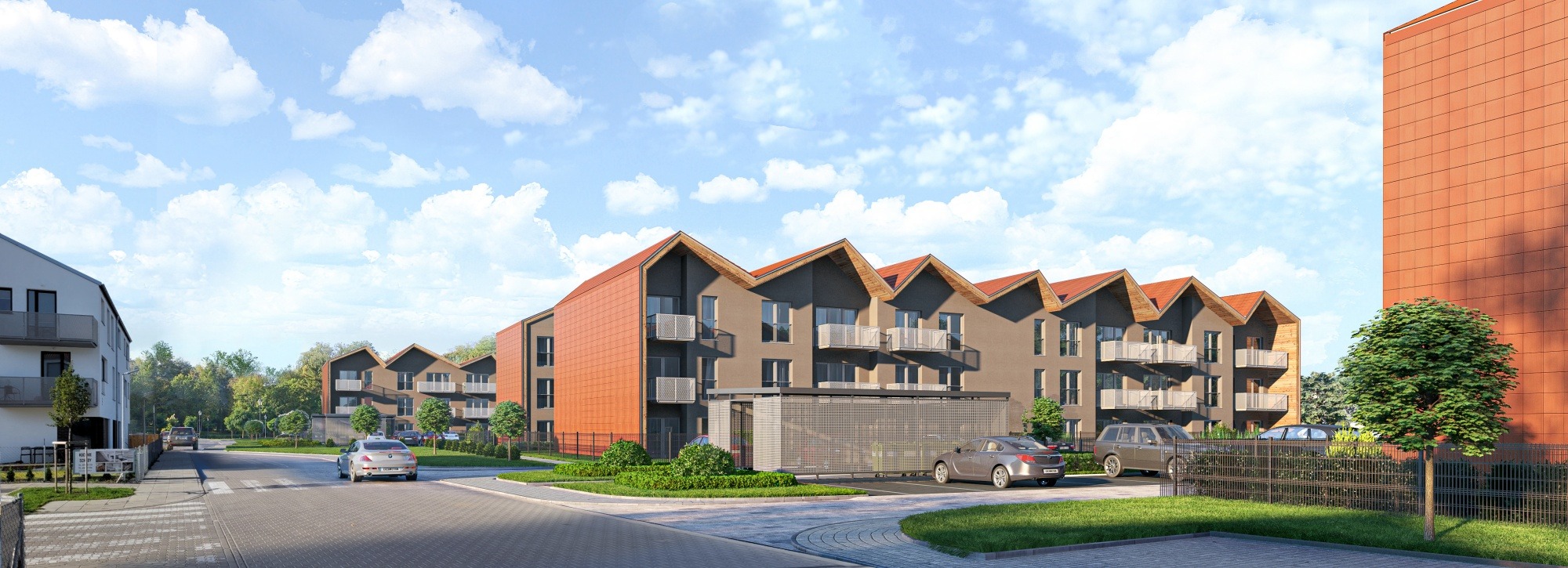 Wizualizacja osiedla mieszkaniowego z budynkami o nowoczesnej architekturze, z balkonami i pomarańczowymi dachami, otoczonych zielenią i samochodami na parkingu.