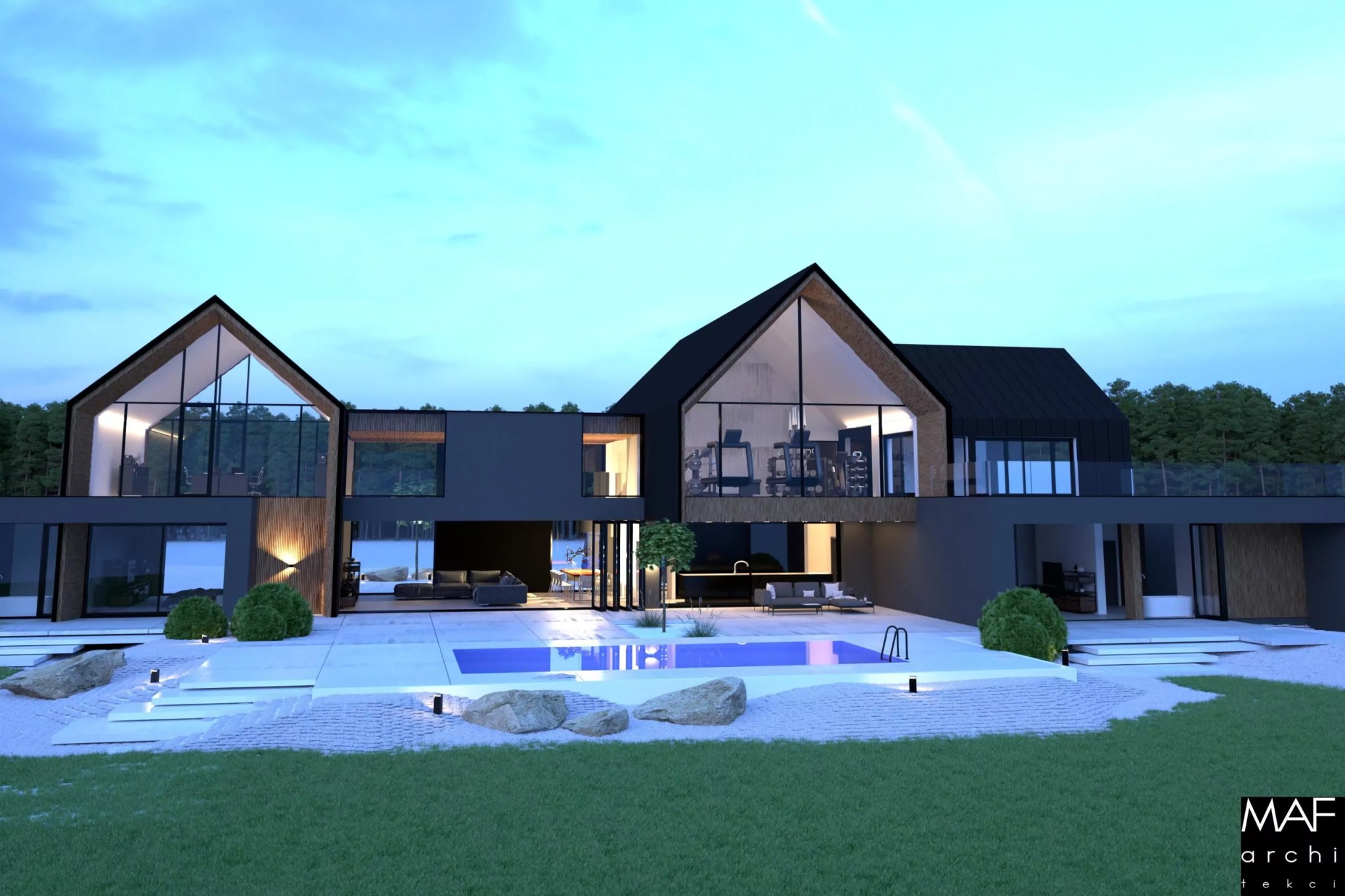 Wizualizacja nowoczesnego domu z basenem, dwukondygnacyjny, z dużymi przeszkleniami i ciemną elewacją. Widoczny fragment ogrodu i elementy małej architektury.