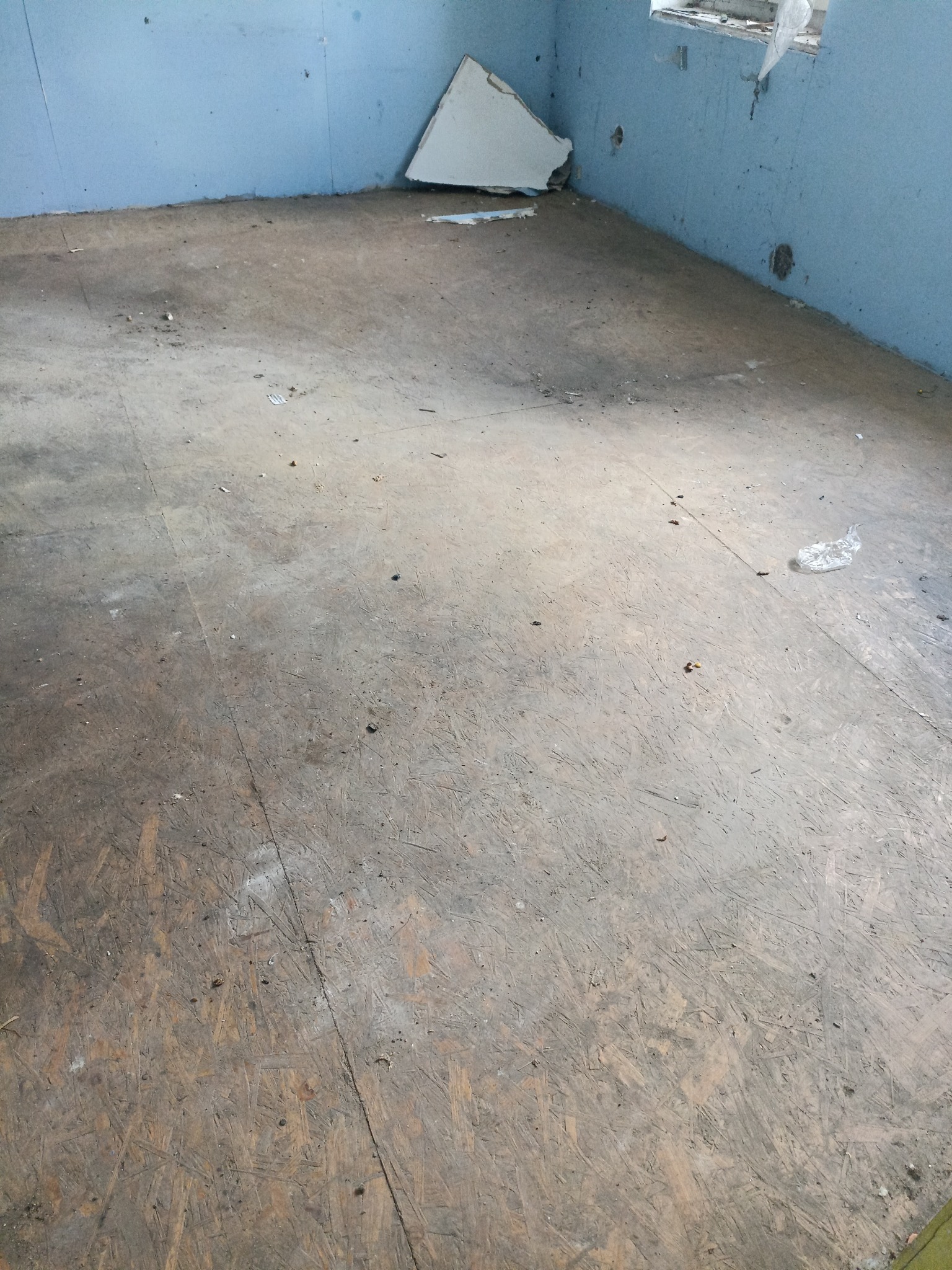 Brudne, puste pomieszczenie z niebieskimi ścianami i podłogą z płyty OSB. Widoczne resztki gruzu i odpadów budowlanych. Ślady po remoncie.