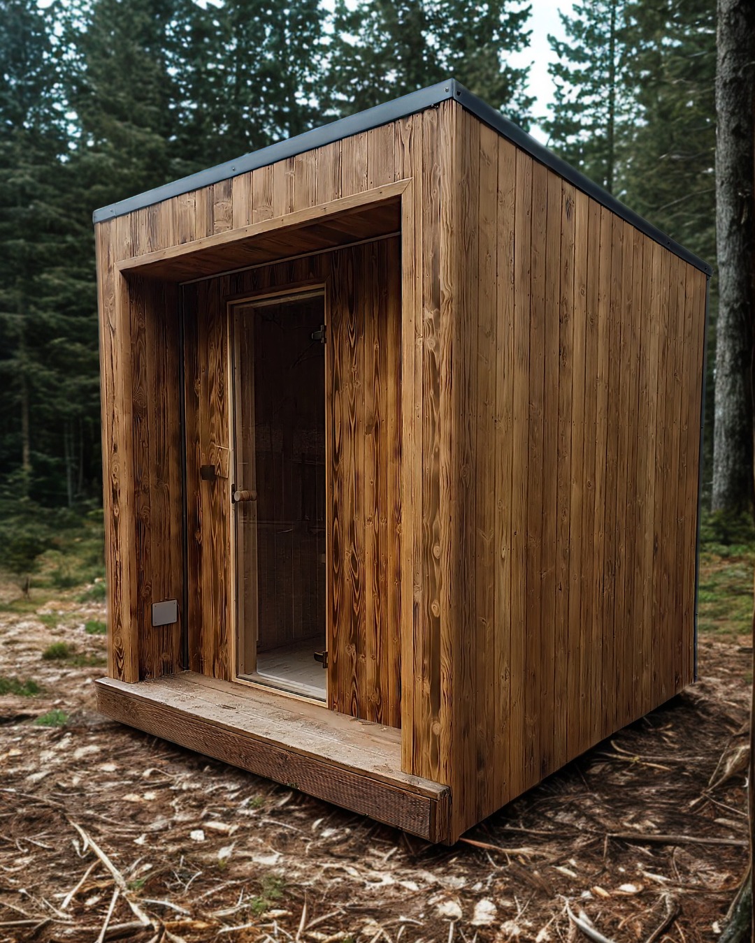 Nowoczesna, drewniana sauna zewnętrzna z przeszklonymi drzwiami, usytuowana w leśnym otoczeniu. Widoczna faktura drewna i minimalistyczny design.