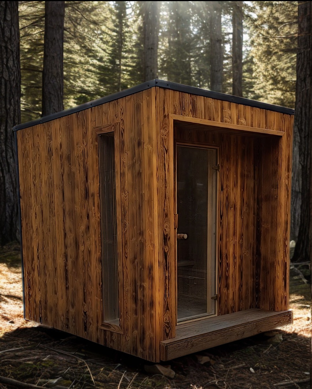 Drewniana sauna zewnętrzna z przeszklonymi drzwiami, ustawiona na tle leśnego krajobrazu. Widoczna faktura drewna i minimalistyczny design.