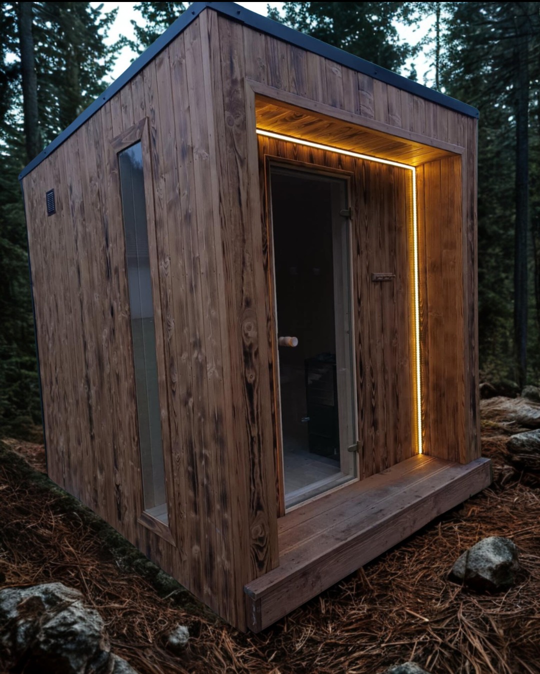 Drewniana sauna zewnętrzna z oświetleniem LED przy wejściu, usytuowana w leśnym otoczeniu. Widoczna mała szyba boczna i surowe, naturalne tło.