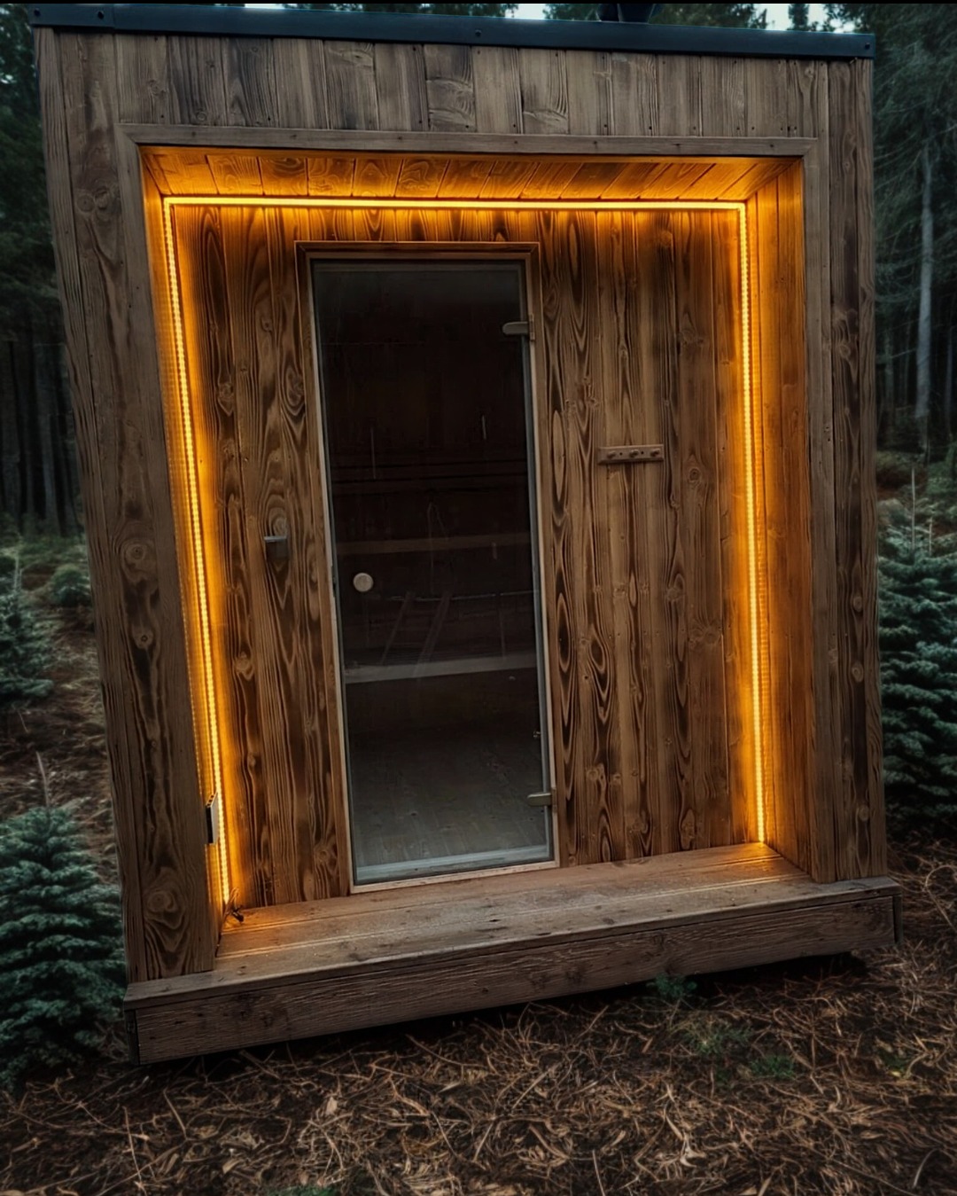 Drewniana sauna zewnętrzna z oświetleniem LED, umieszczona na tle leśnym. Widoczna szklana szyba w drzwiach i drewniane wykończenie.