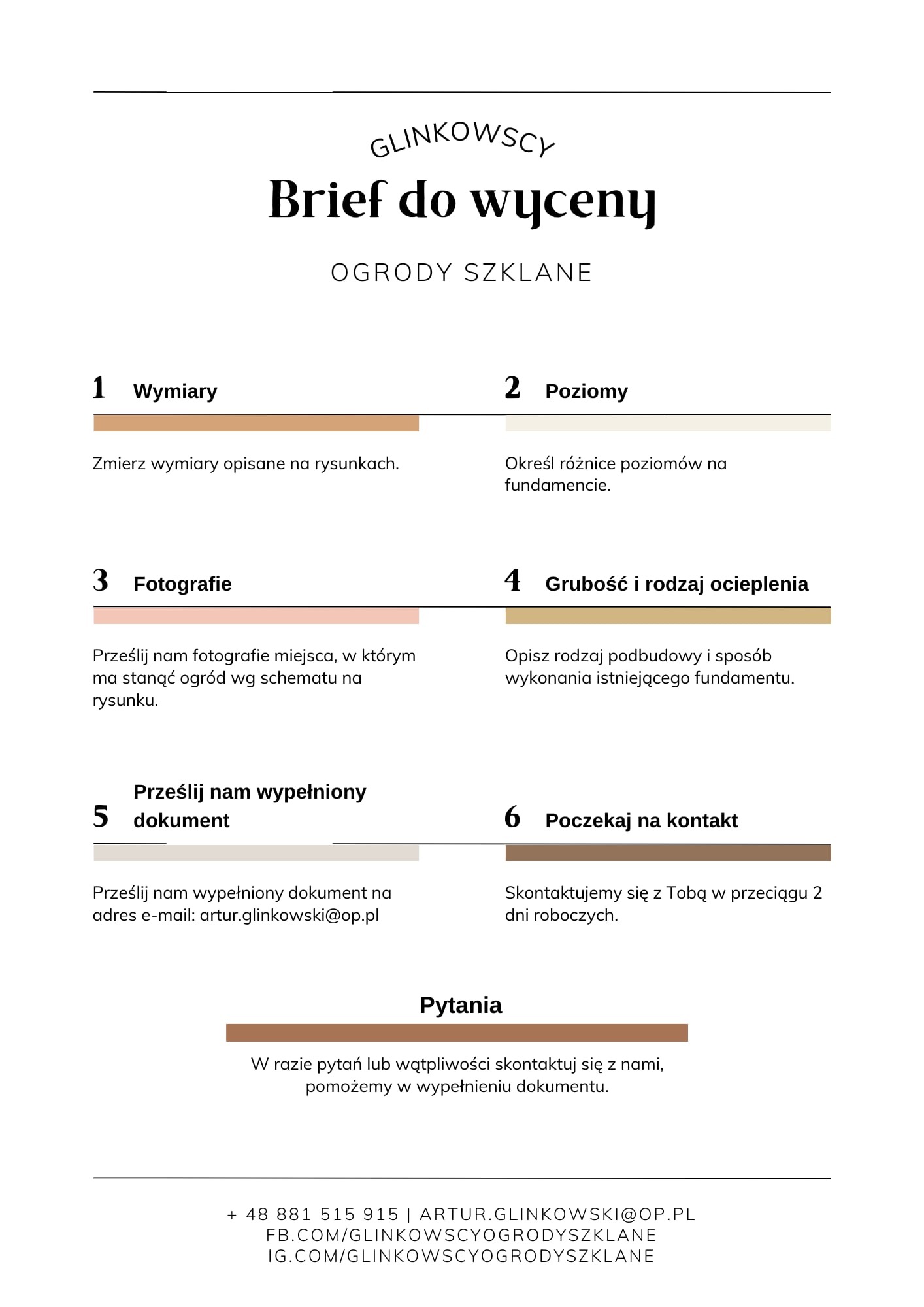 Brief do wyceny ogrodów szklanych firmy Glinkowscy. Dokument z instrukcjami dotyczącymi wymiarów, zdjęć, grubości ocieplenia i kontaktu.