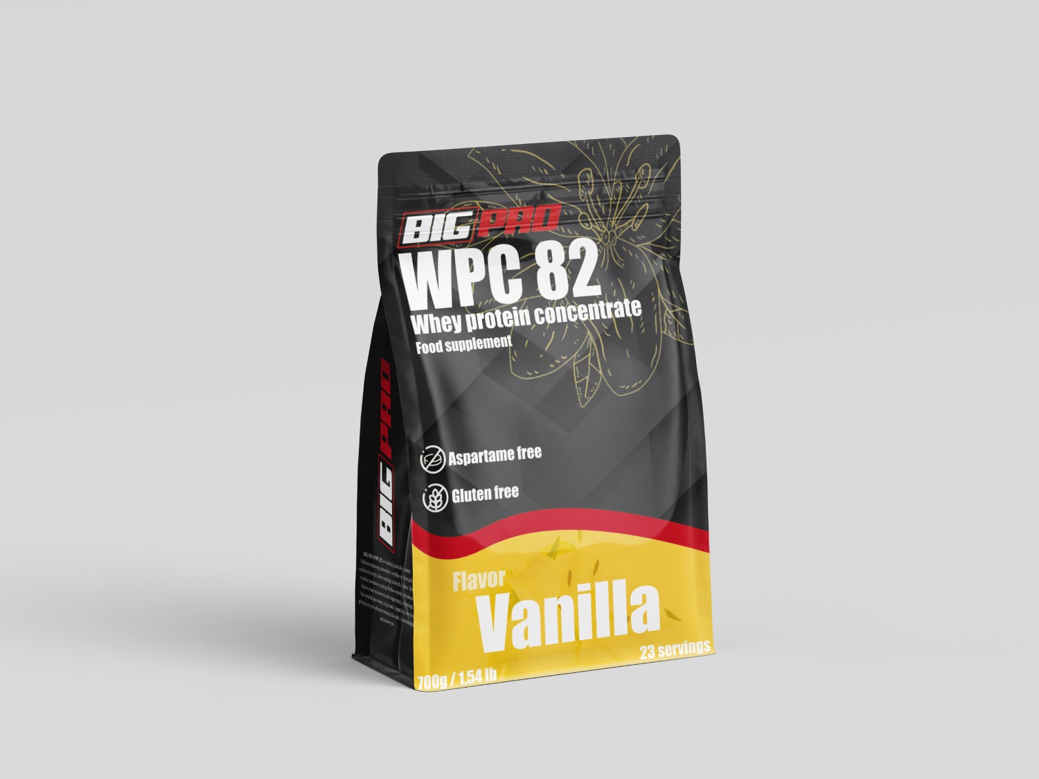 Czarno-żółte opakowanie WPC 82 Big Pro o smaku waniliowym, z informacją o braku aspartamu i glutenu, na jasnym tle. Grafika kwiatowa w tle.