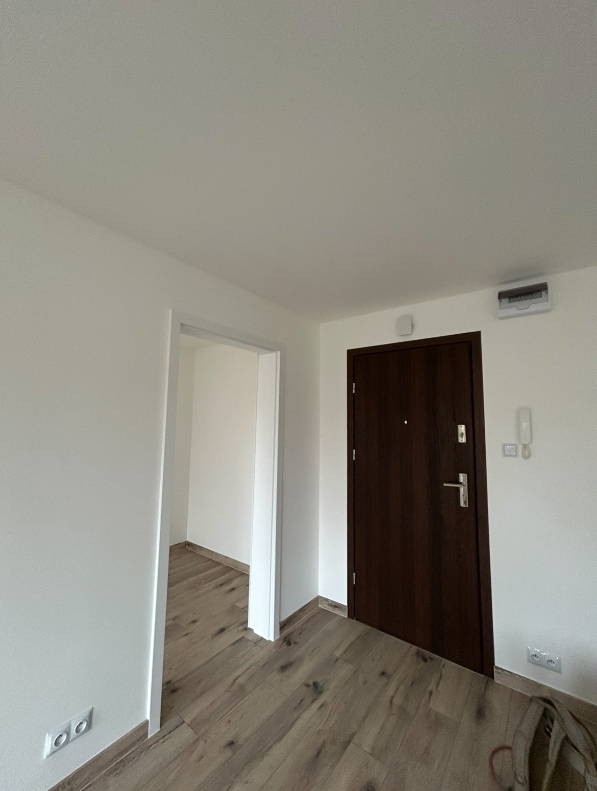 Wnętrze po remoncie: białe ściany, brązowe panele podłogowe, ciemne drzwi wejściowe i widok na kolejne pomieszczenie z panelami. Minimalistyczny styl.