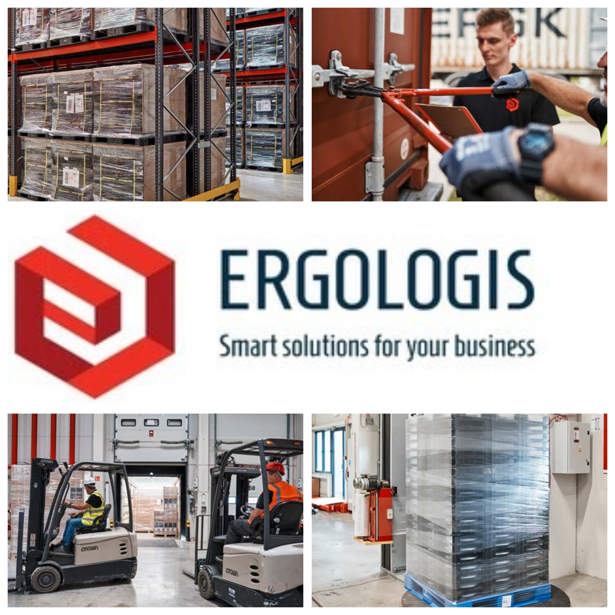 Wielopanelowe ujęcie: magazyn z regałami, pracownicy zabezpieczający kontener, logo firmy, wózki widłowe w akcji i pakowanie palety folią stretch.