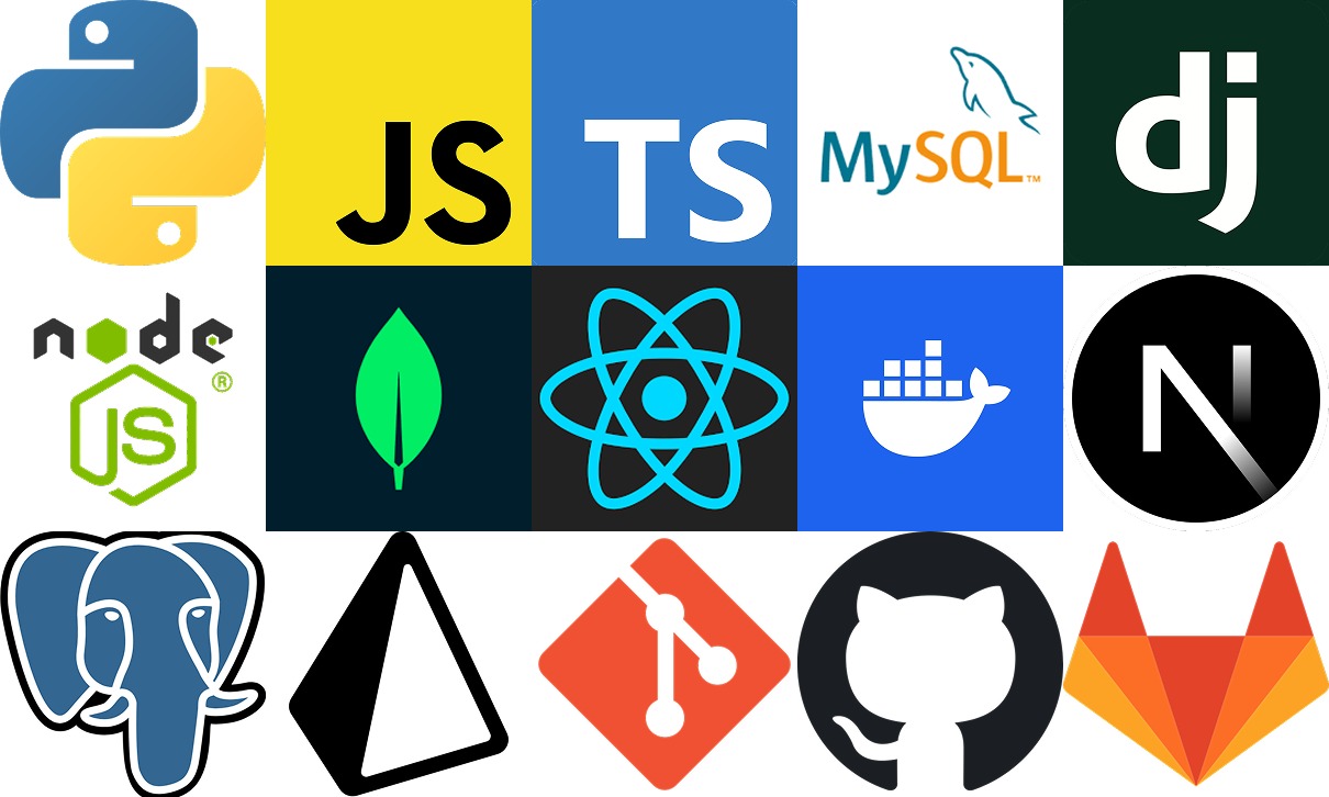 Zestaw logo popularnych technologii i języków programowania: Python, JavaScript, TypeScript, MySQL, Django, NodeJS, MongoDB, React, Docker, Netlify, PostgreSQL, Vercel, Git, GitHub, Firebase.