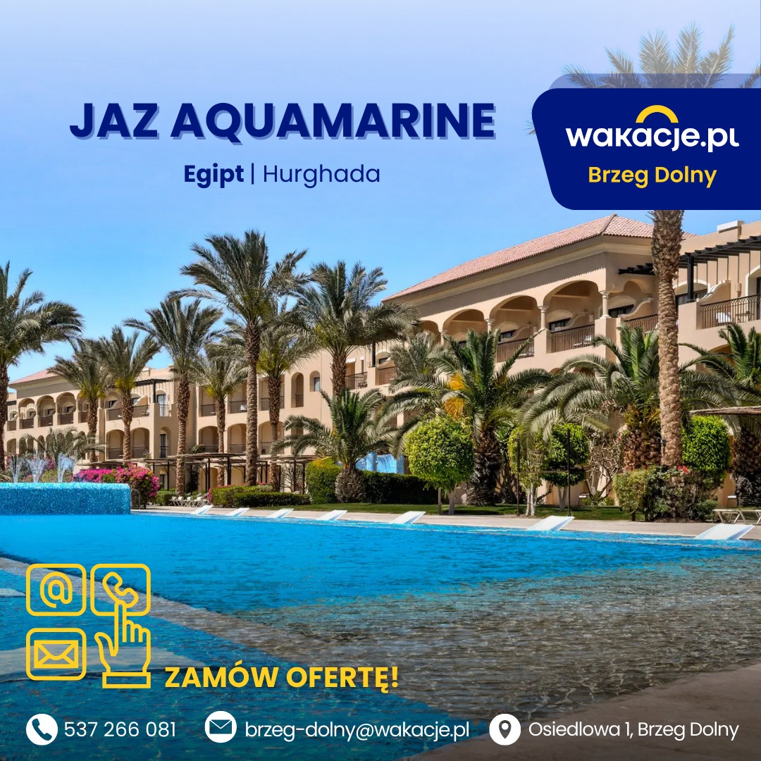 Hotel Jaz Aquamarine w Hurghadzie, Egipt, z palmami i basenem. Oferta wakacyjna wakacje.pl Brzeg Dolny. Kontakt: telefon, email, adres.