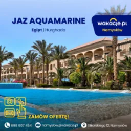 Hotel Jaz Aquamarine w Hurghadzie, Egipt, z basenem na pierwszym planie i palmami. Oferta wakacji od wakacje.pl z Namysłowa, kontakt i adres.
