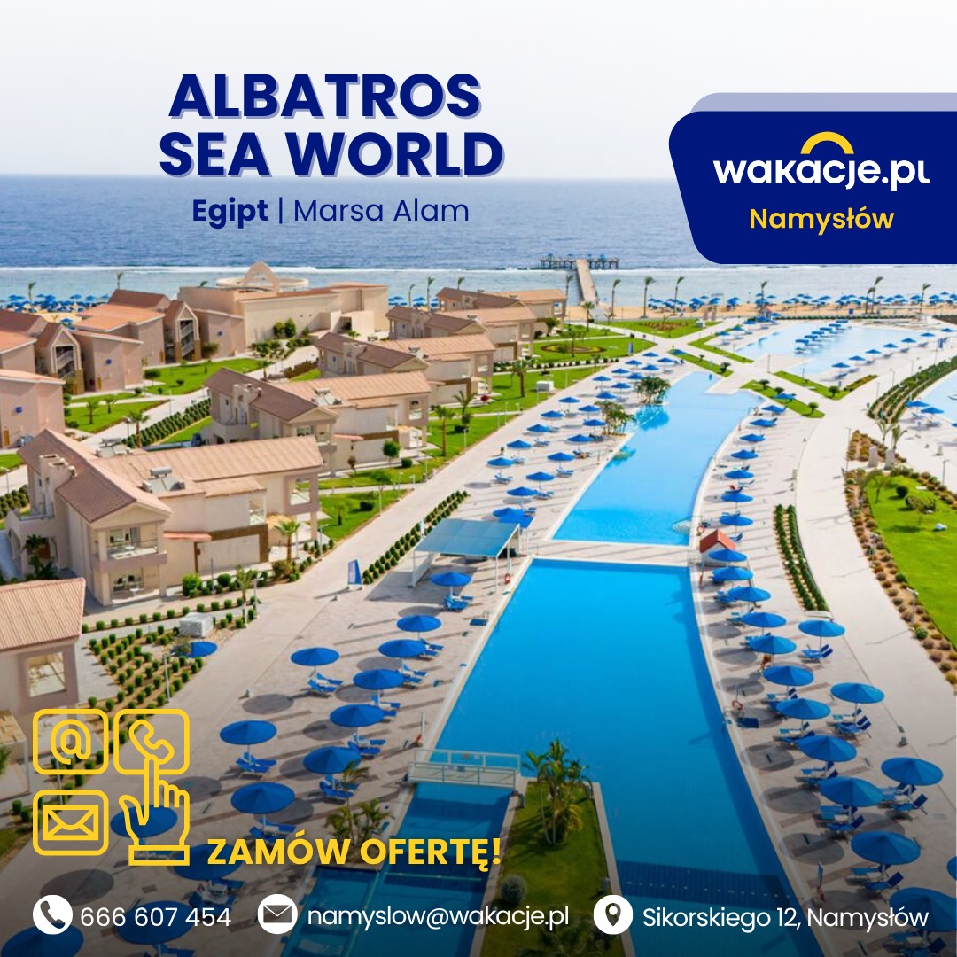 Kompleks hotelowy Albatros Sea World w Egipcie (Marsa Alam) z basenami i widokiem na morze. Logo wakacje.pl w prawym górnym rogu, dane kontaktowe na dole.