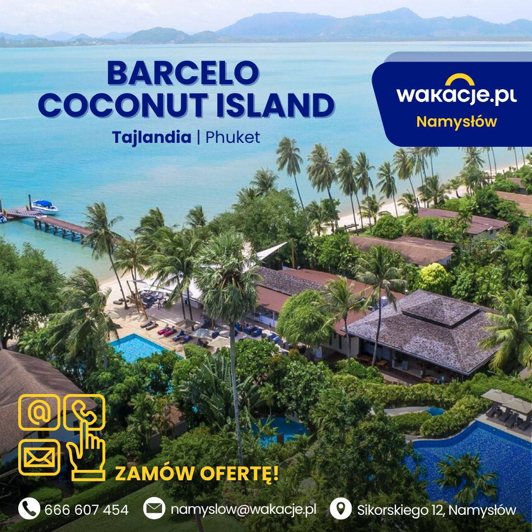 Barcelo Coconut Island, Tajlandia. Widok z góry na rajską wyspę z palmami, basenami i budynkami hotelowymi. Logo wakacje.pl Namysłów w prawym górnym rogu.