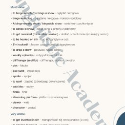 LINGUISTIC ACADEMY SANDRA RYNDAK - Lekcja angielskiego online: Lista słówek związanych z serialami, np. binge-watching, spoiler, cliffhanger. Grafika Linguistic Academy z numerem strony.